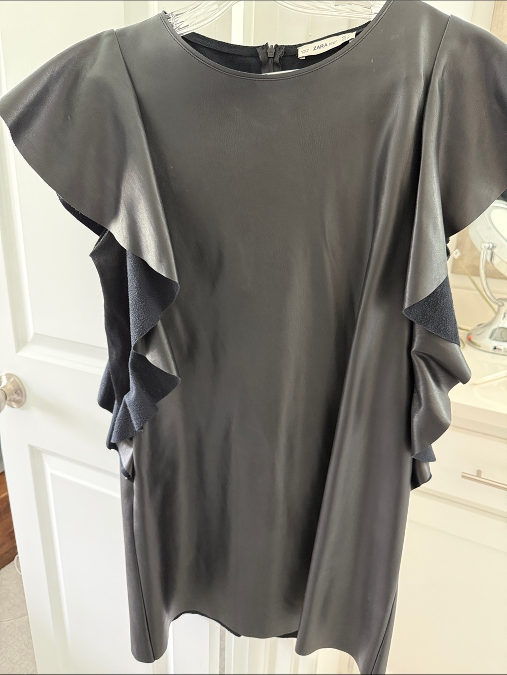Zara Black Faux Leather Ruffle Sleeve Top